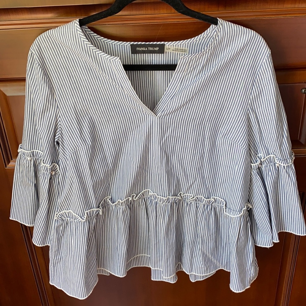 Ivanka Trump Blue & White Striped Bell Sleeve Top